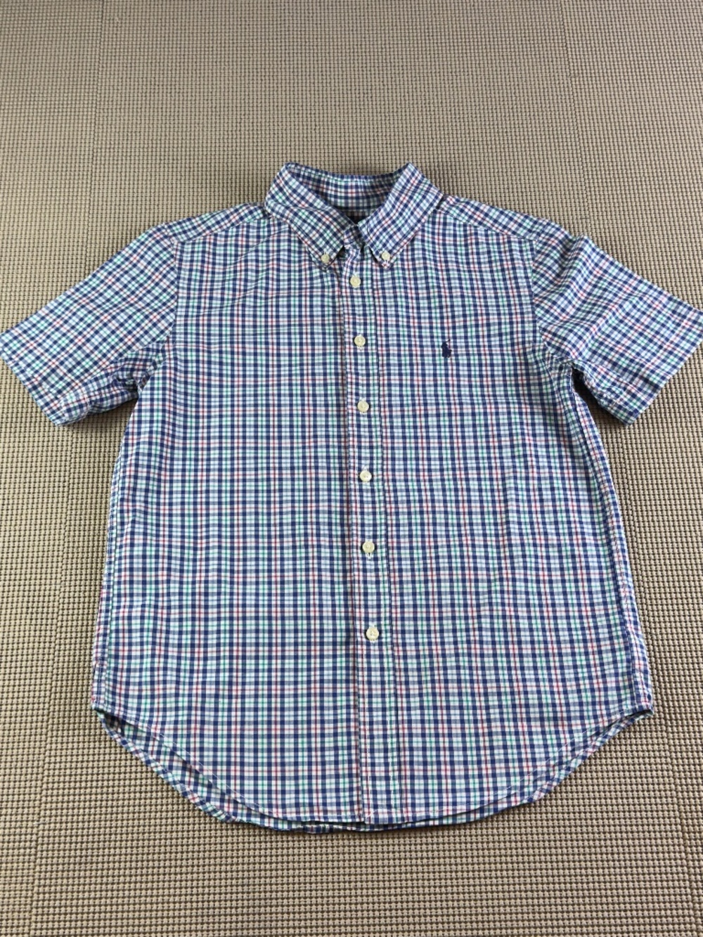 RALPH LAUREN short sleeve size 10-12 plaid casual buttons down logo embroidered